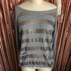 Grey Gold Sequin Striped Elbow Patch Sweater